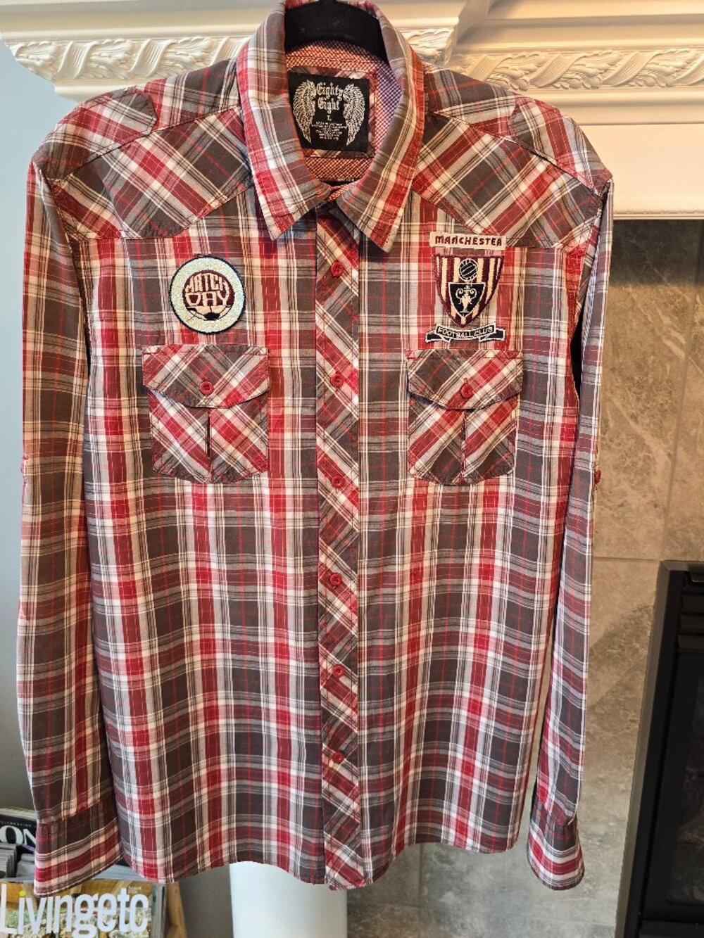 Eighty Eight Men’s Plaid Button Up Shirt Large Red Grey Manchester Soccer Patche